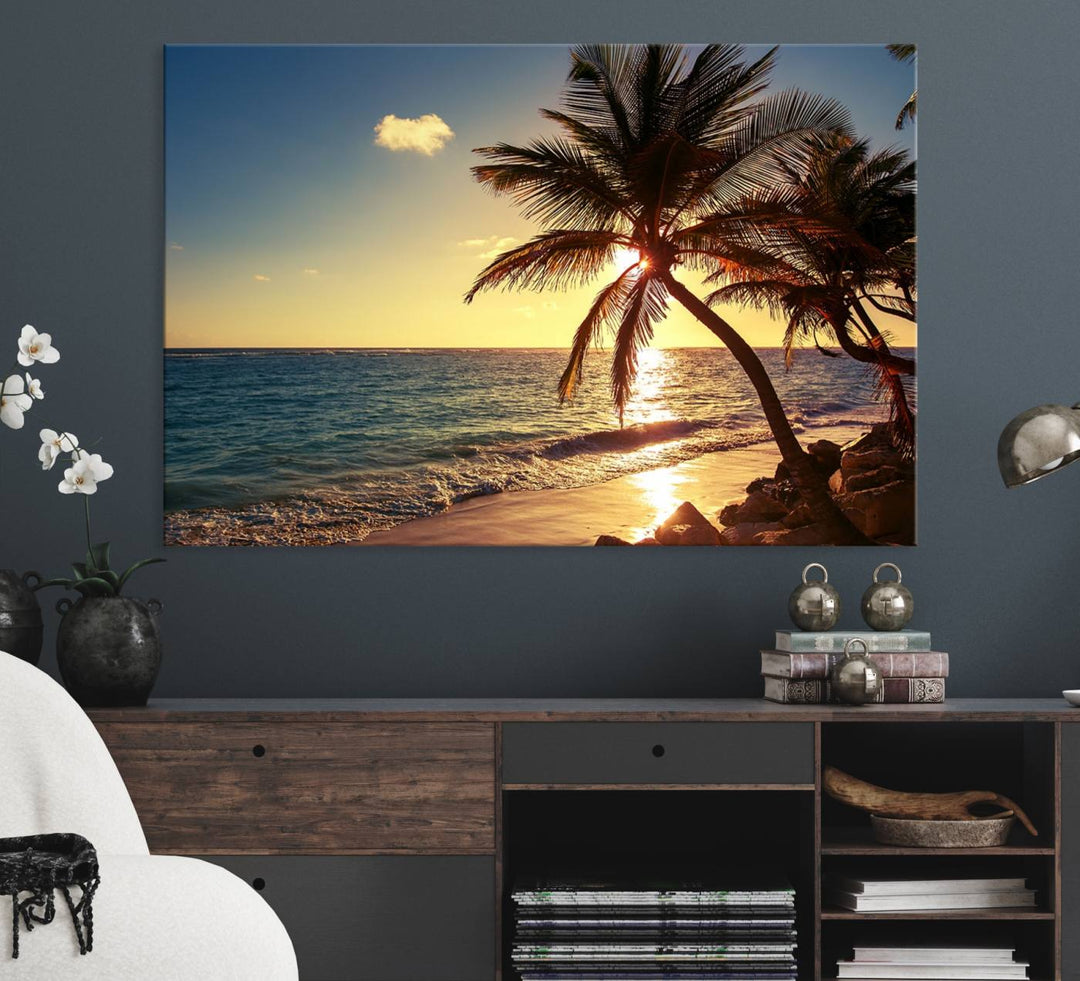 Sunset Palm Trees Wall Art Canvas Print: a serene beach scene on museum-quality canvas.