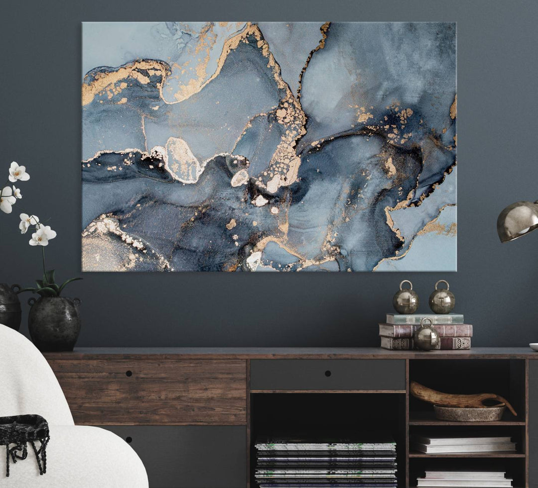 A Multipanel Marble Fluid Effect Canvas Print hangs prominently on the wall.