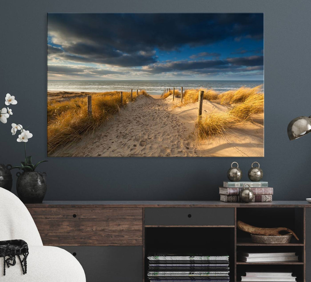 Museum-quality Ocean Beach Dark Clouds canvas print.