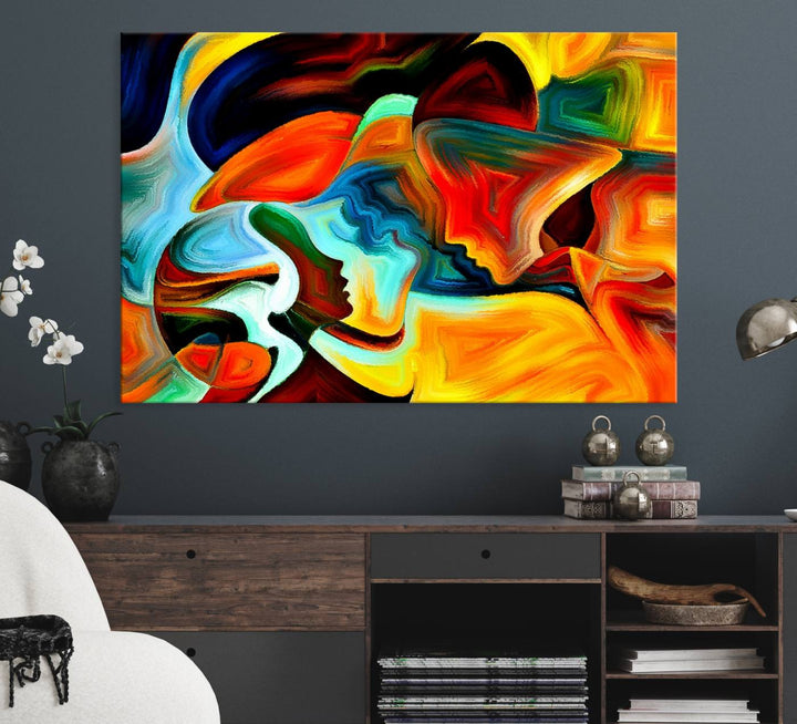 The kitchen wall features the Human Love Figures Abstract Wall Art Canvas Print.