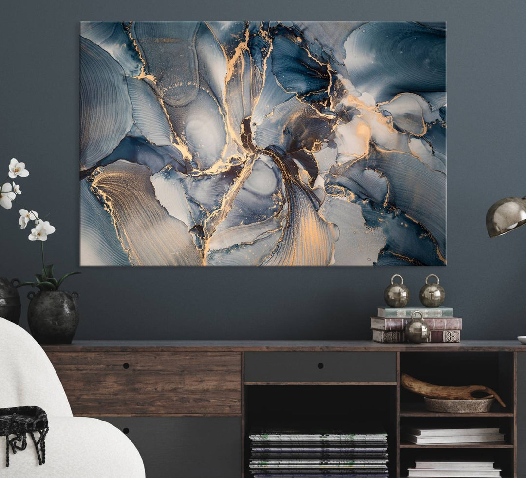 Abstract wall art canvas print is displayed prominently, adding a modern touch to the decor.