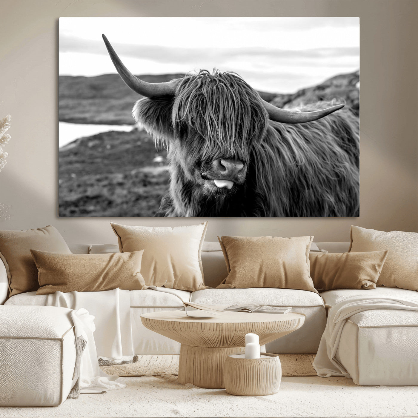 MGV-CV-36X24 - Highland Cow Canvas Wall Art – Black and White Animal Portrait – Framed and Ready to Hang Rustic Farmhouse Decor for Living Room or Office