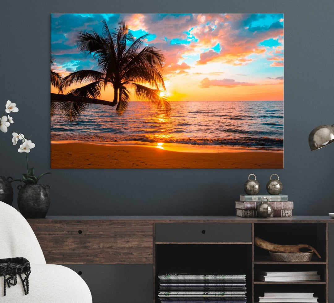 The Palm Tree Sunset On The Beach ready-to-hang canvas wall art—museum quality—brings a serene atmosphere to the room.