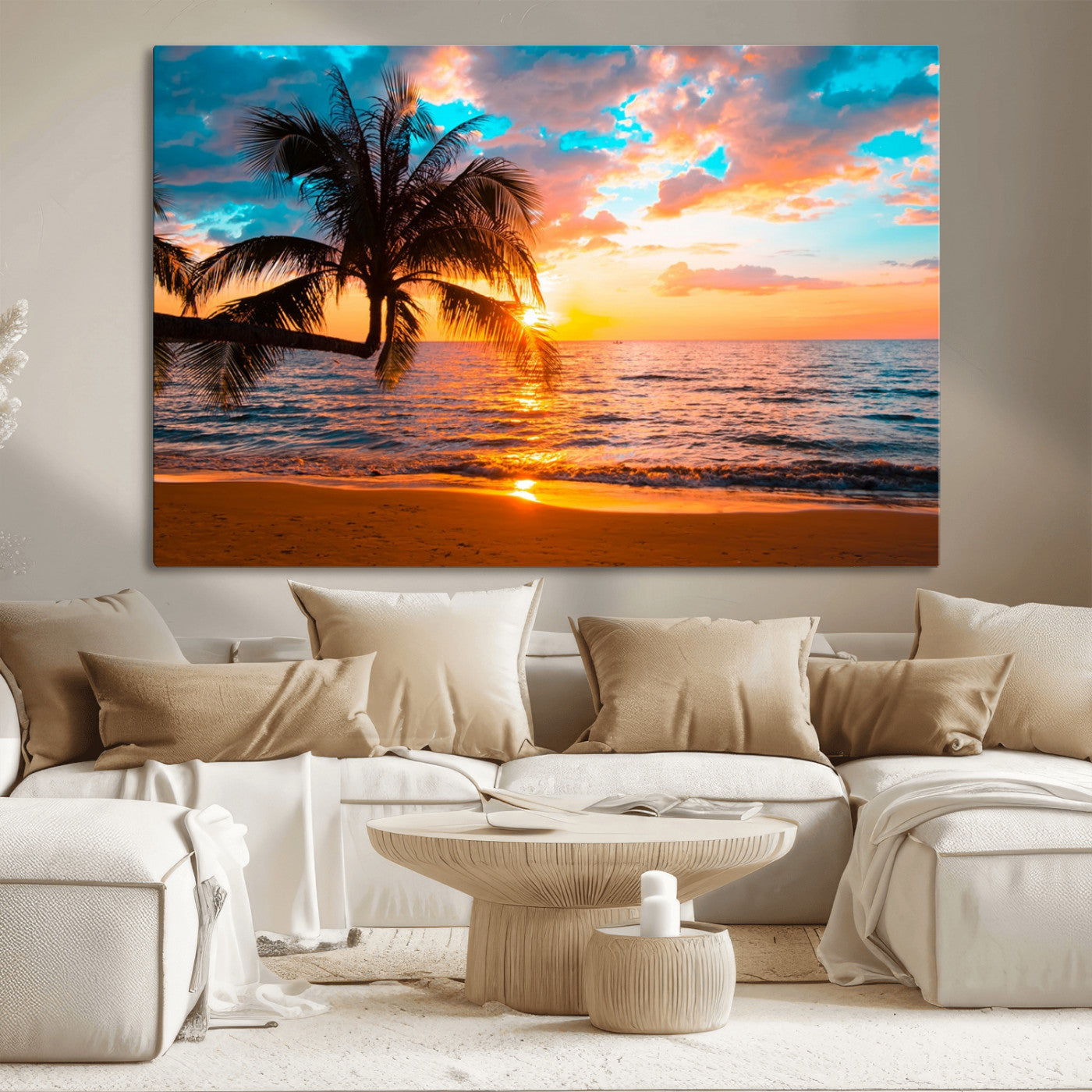 -Palm Tree Sunset On The Beach Wall Art Canvas, Framed Palm Tree Sunset Canvas Print