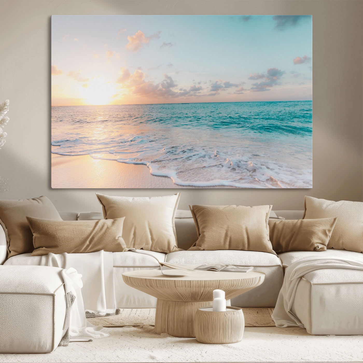 MGV-CV-36X24 - Tranquil Ocean Beach Sunset Canvas Wall Art | 3-Panel Coastal Decor