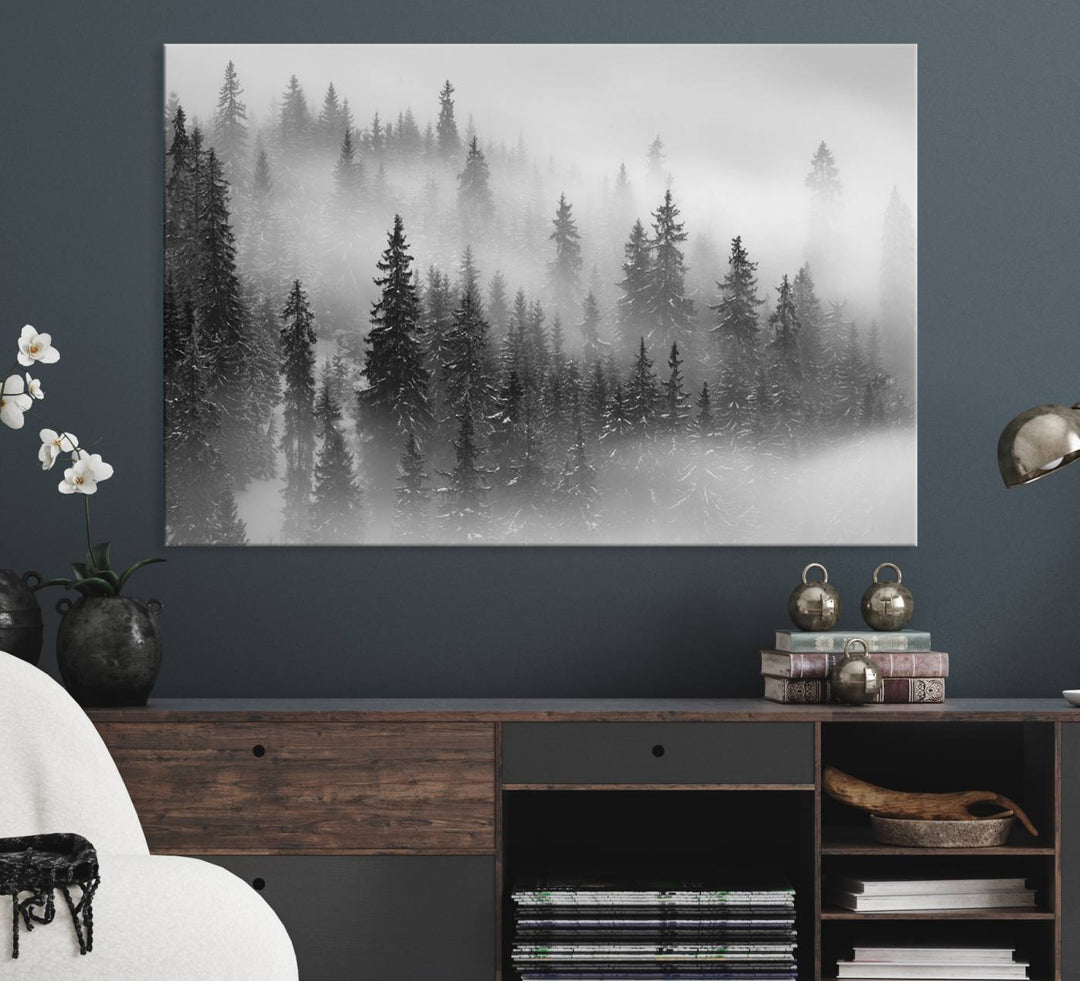 A stunning Foggy Misty Forest Canvas Wall Art adorns the kitchen wall.