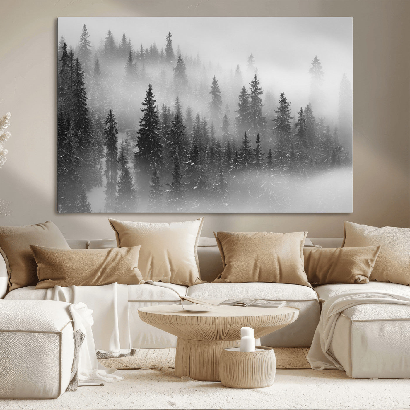 MGV-CV-36X24 - Black and White Forest Wall Art Print – Misty Pine Tree Canvas Print – Winter Woodland Nature Artwork – Perfect for Minimalist Home Decor