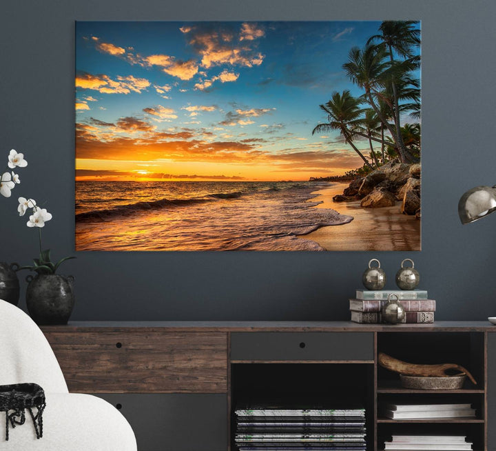 A stunning beach sunset on a museum-quality Sunset Wall Art Canvas Print adorns the kitchen wall.