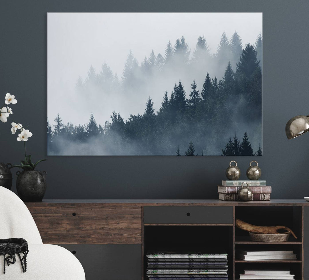 A large Foggy Pine Forest Wall Art Canvas Print.