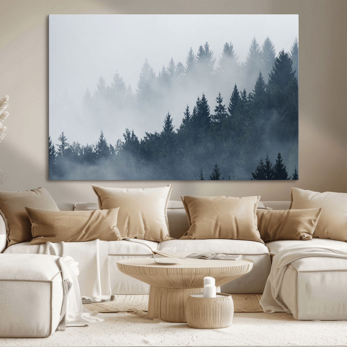 MGV-CV-36X24 - Misty Forest Wall Art Print – Foggy Pine Tree Canvas Print – Dark Woodland Nature Artwork – Perfect for Minimalist and Modern Home Decor