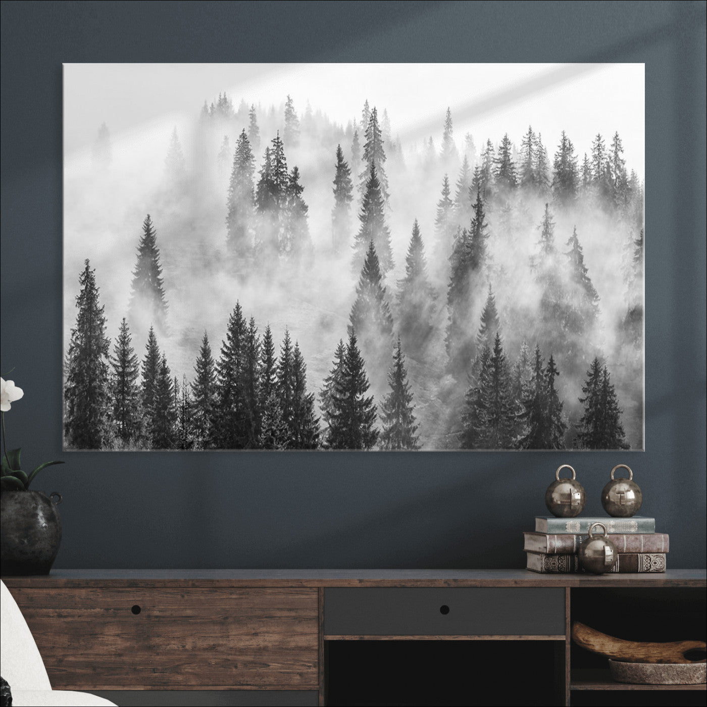 10422-MGV-CV-36X24-Forest Wall Art Print | Foggy Pine Forest Canvas Wall Art - Black and White Nature Decor for Living Room