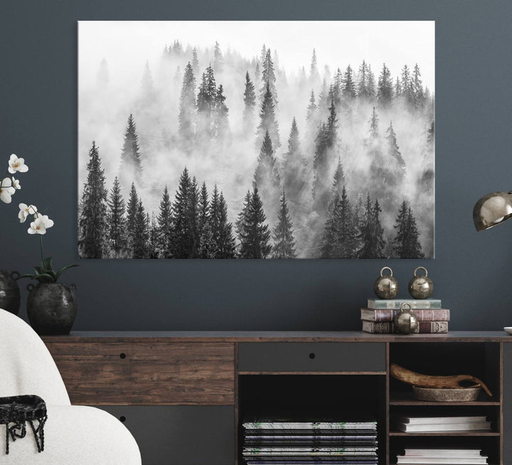 The Forest Wall Art Print hangs prominently, depicting a serene woodland scene.