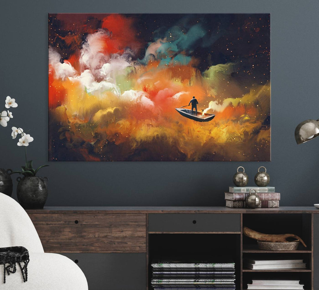 Surreal Space Adventure Canvas Wall Art features a person in a boat.