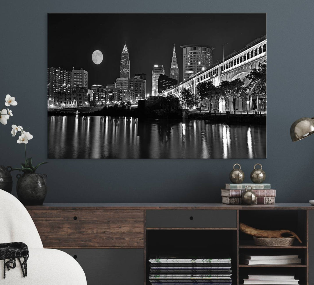 Cleveland Night Skyline Canvas Print: A museum-quality piece, ready to hang, featuring a stunning full moon and its reflections below.