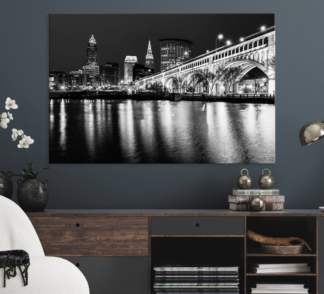 The Cleveland Night Skyline Canvas Print hangs prominently.