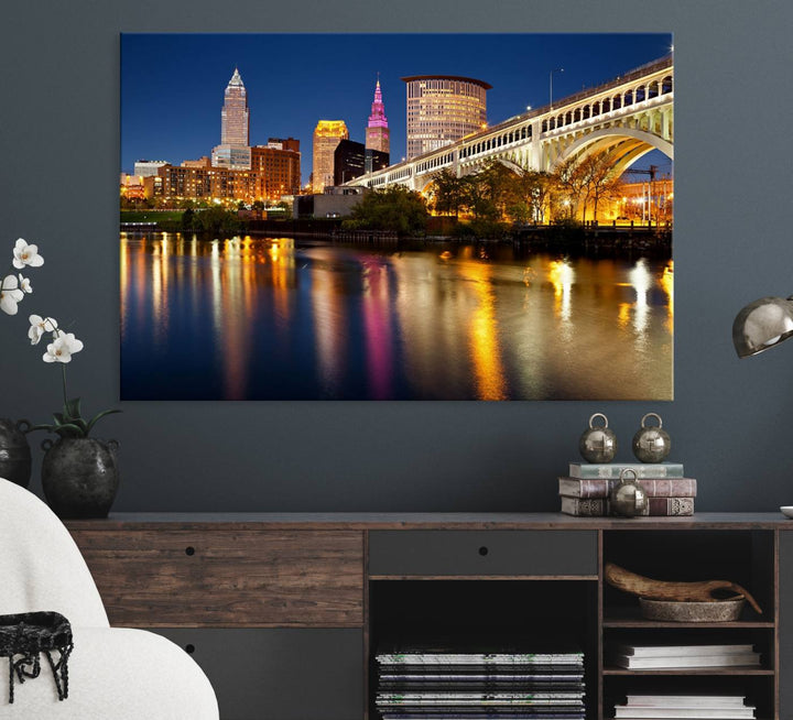 Cleveland Night Skyline Canvas: Cityscape with an illuminated bridge reflecting on calm water.