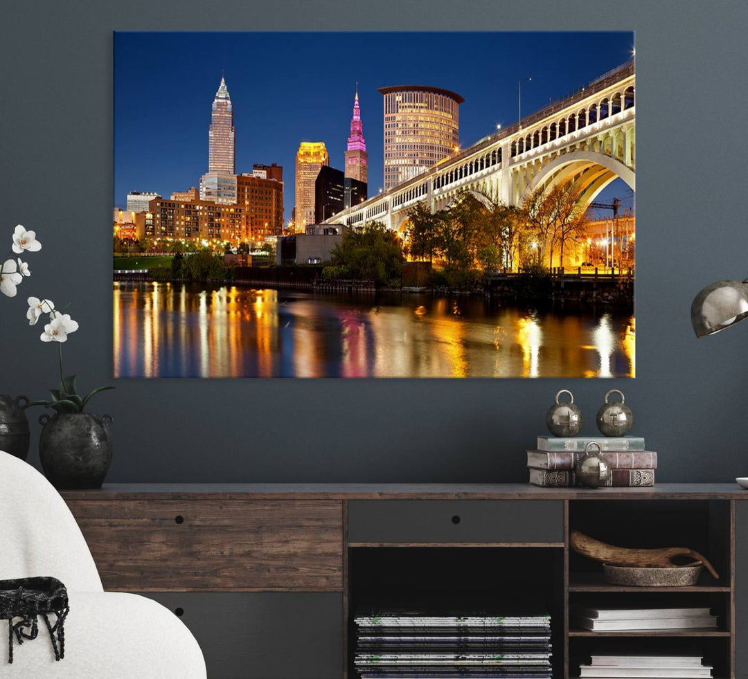 The Cleveland City Lights Canvas showcases a lit-up bridge and cityscape at night.