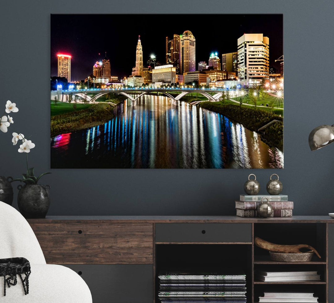 The Columbus City Lights Night Skyline Wall Art Canvas Print adorns the wall.