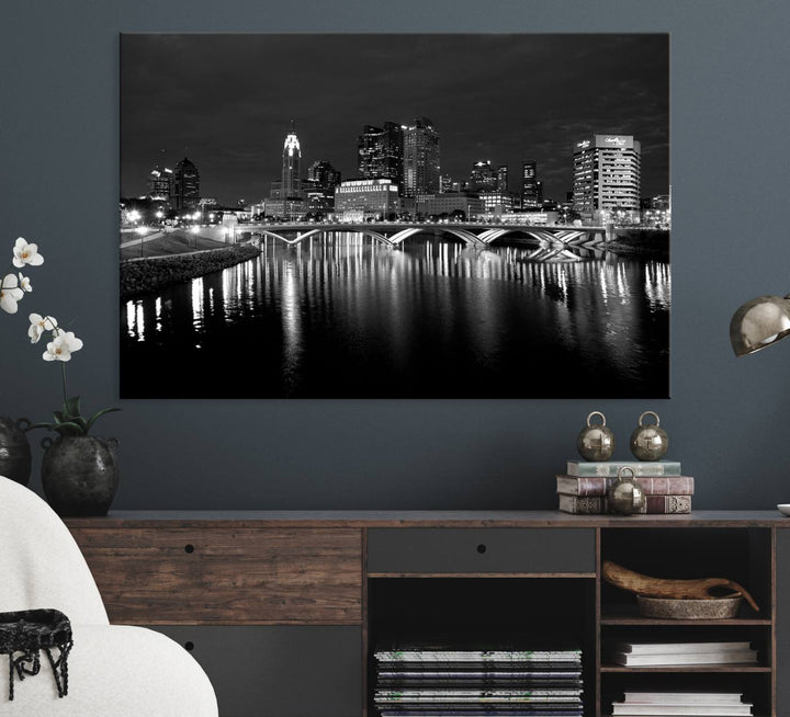 Columbus City Lights Skyline canvas print in black and white, featuring museum-quality craftsmanship and free shipping.