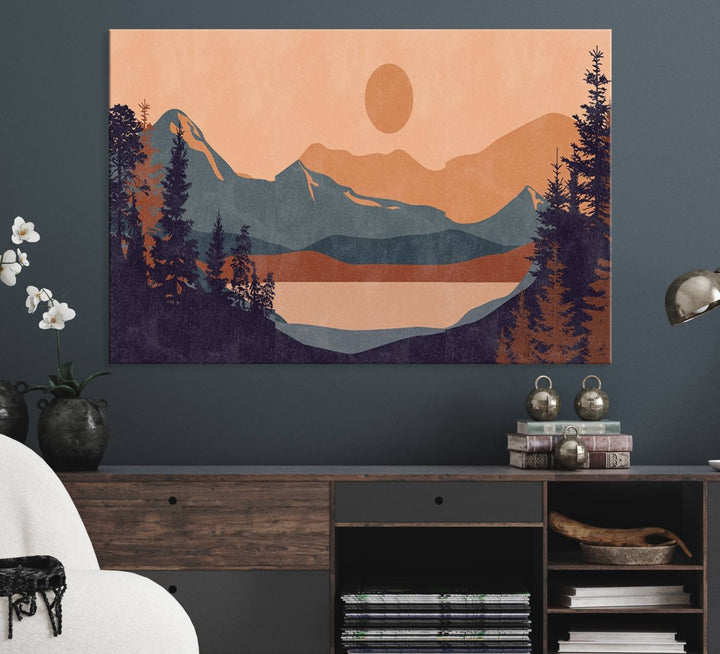 The Modern Boho Sunset Triptych displays a mountain sunset.