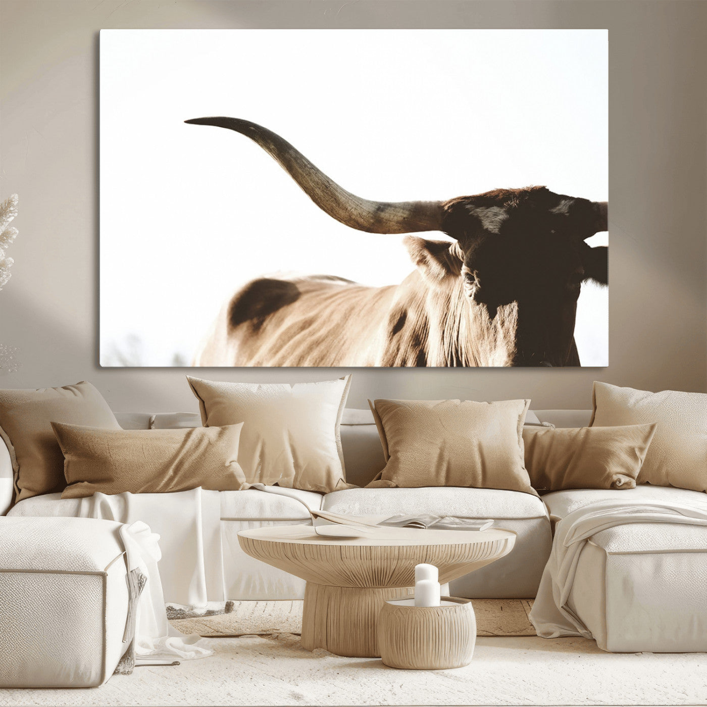 MGV-CV-36X24 - Texas Longhorn Wall Art Canvas Print | 3-Panel Large Longhorn Canvas Print for Living Room, Framed Gallery Wrap Office, Rustic Western Cowboy Decor