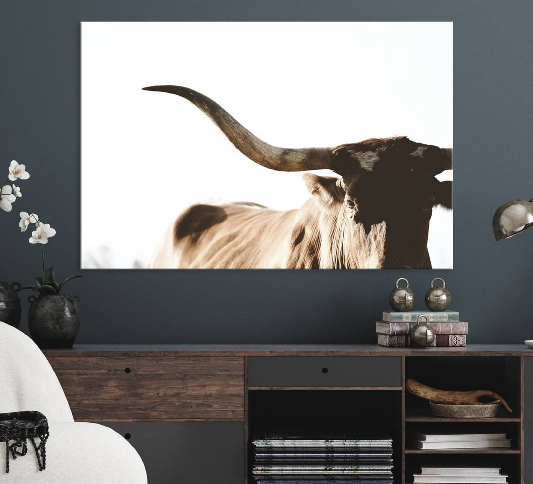 A 3-panel Texas Longhorn canvas adds a touch of rustic Western decor.