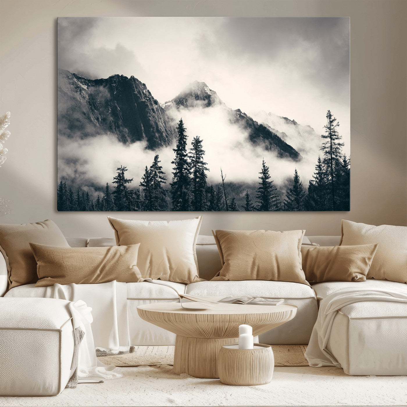 MGV-CV-36X24 - Large Foggy Mountain Forest Wall Art Canvas Print | Misty Mountain Peaks and Pine Trees Print | Framed Gallery Wrap | Rustic Nature Farmhouse Decor