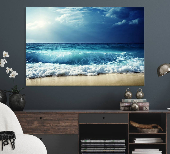 The Majestic Ocean Wave Wall Art Canvas, a 3-panel seascape print, is featured prominently.