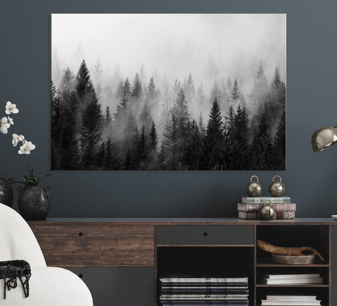 Fogy Forest Canvas Art features misty pines and a mountain landscape.