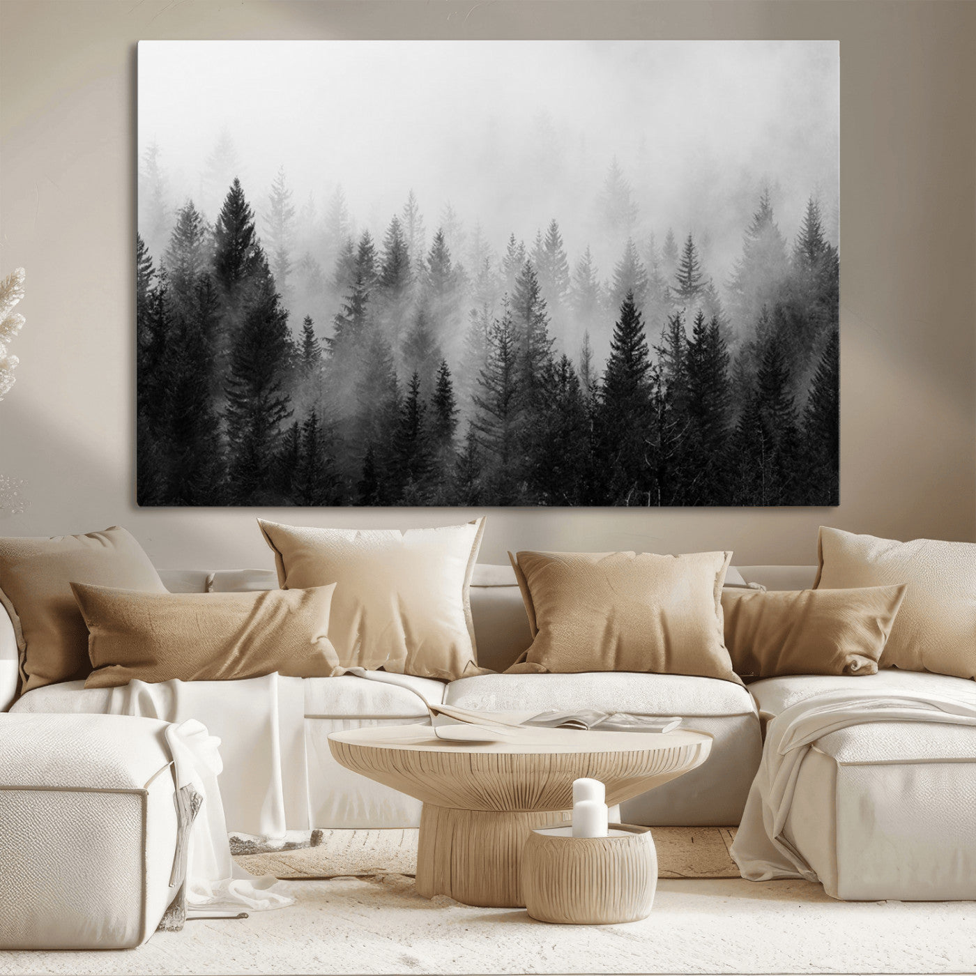 MGV-CV-36X24 - Fogy Forest Canvas Wall Art Print - Mountain Wall Art with Pine Trees and Misty Forest Canvas Print