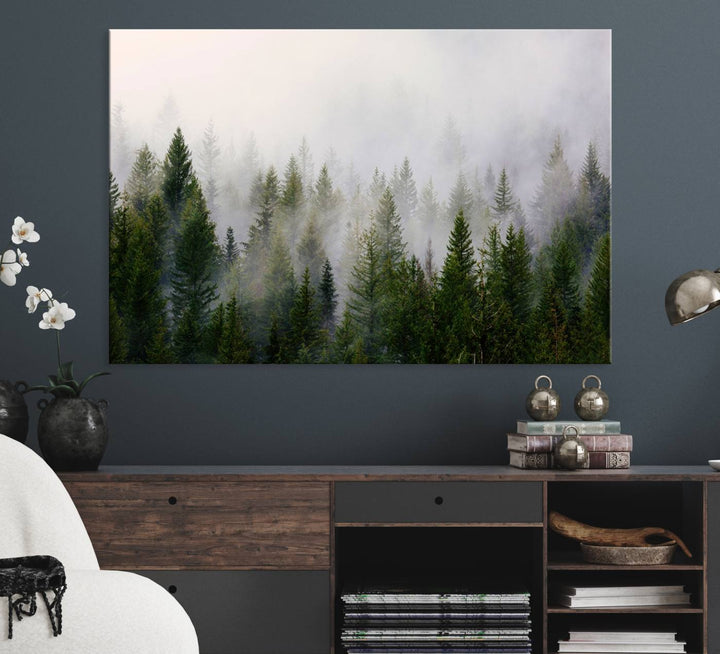 A serene, foggy evergreen forest creates a mysterious atmosphere, ideal for premium canvas wall art.