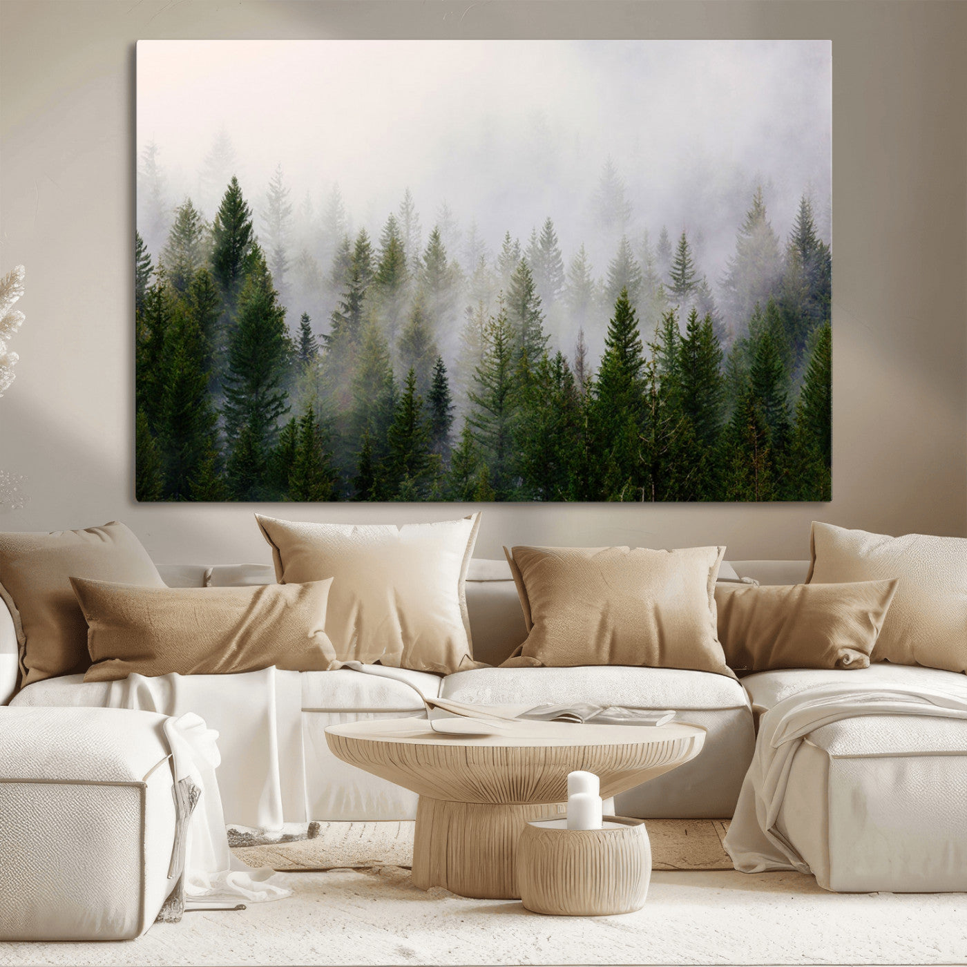 MGV-CV-36X24 - Misty Pine Forest Wall Art Canvas Print | 3 Panel Green Woodland Canvas Print for Living Room, Office, or Dining Room | Nature Foggy Forest Decor