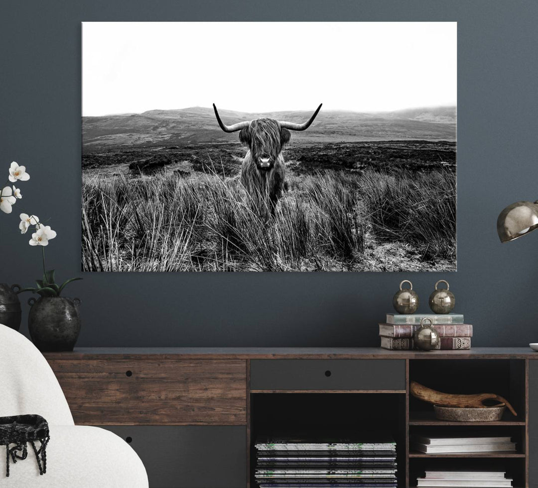 Dining room featuring a Black and White Highland Cow Canvas for a Western-themed decor.