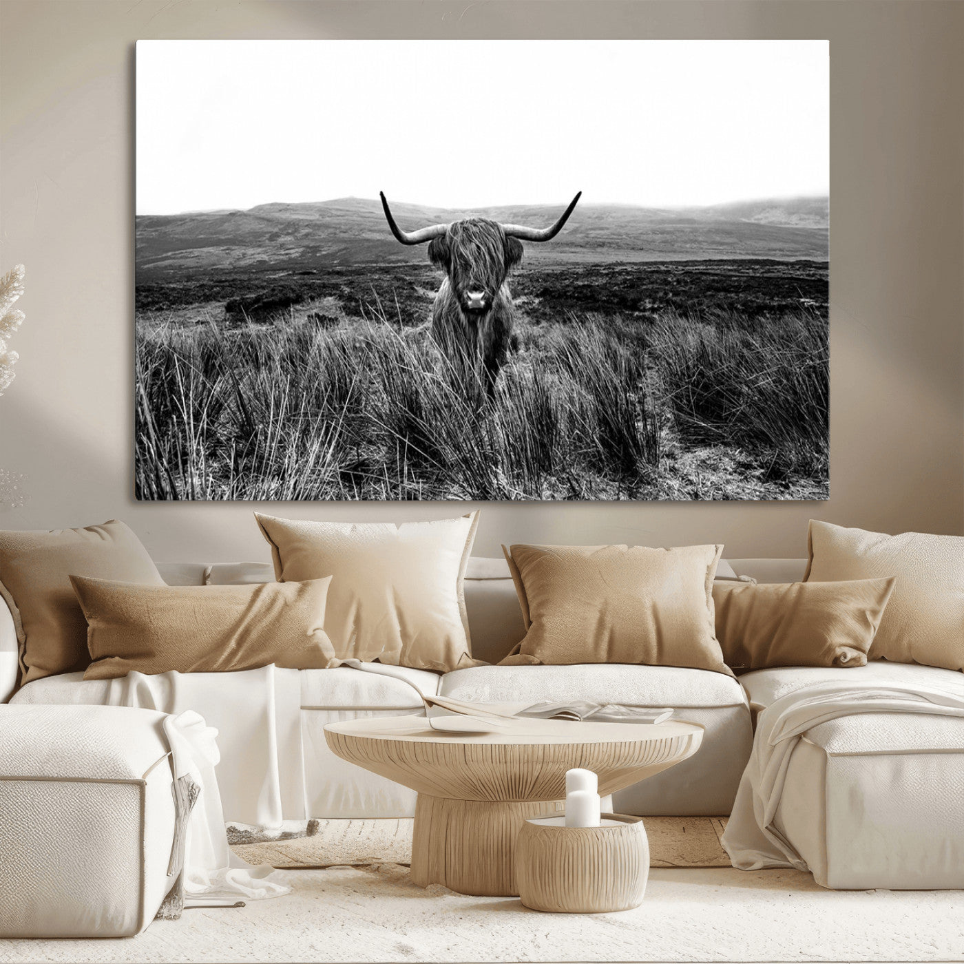 MGV-CV-36X24 - Black and White Highland Cow Canvas Wall Art, Longhorn Triptych Western Decor for Cabin - Farmhouse Wall Decor