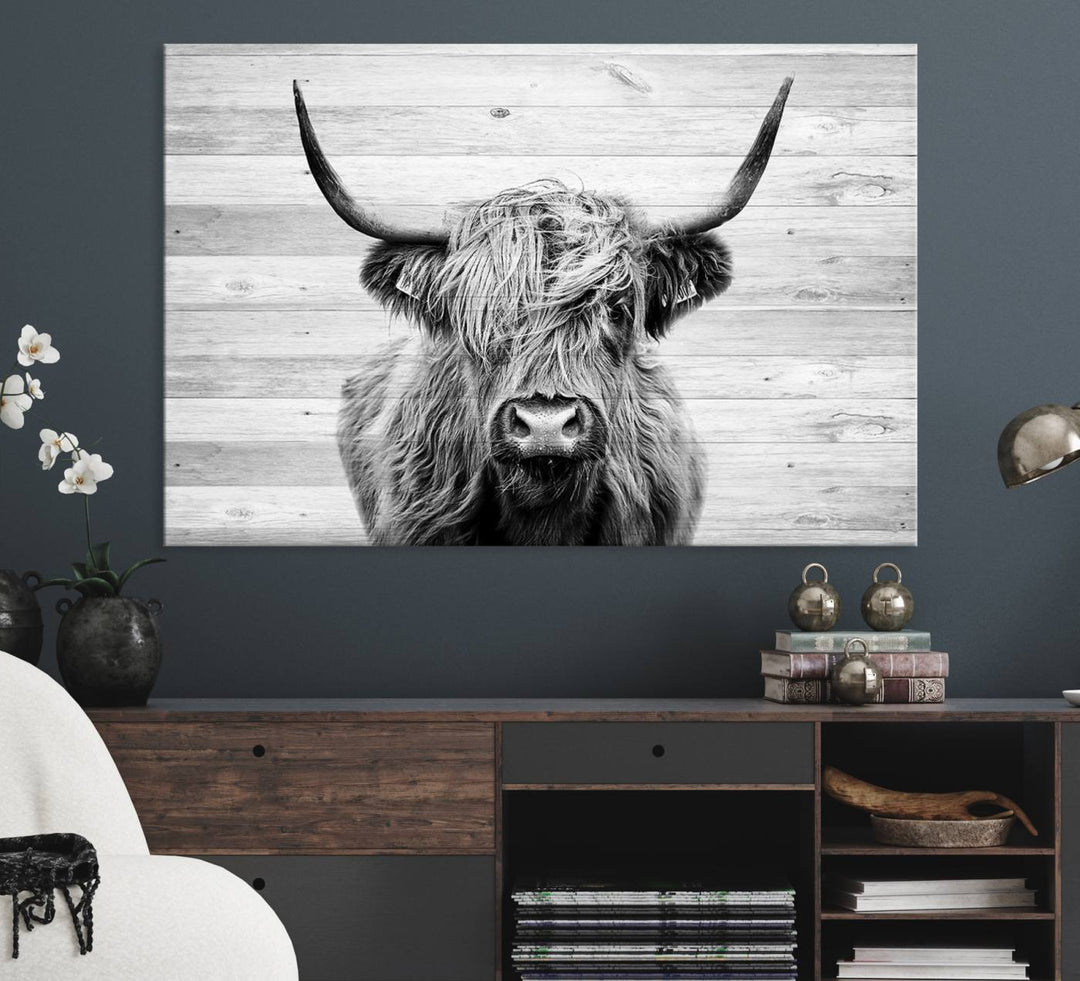 Scottish Highland Cow Cattle Art adds rustic farmhouse charm to the space.