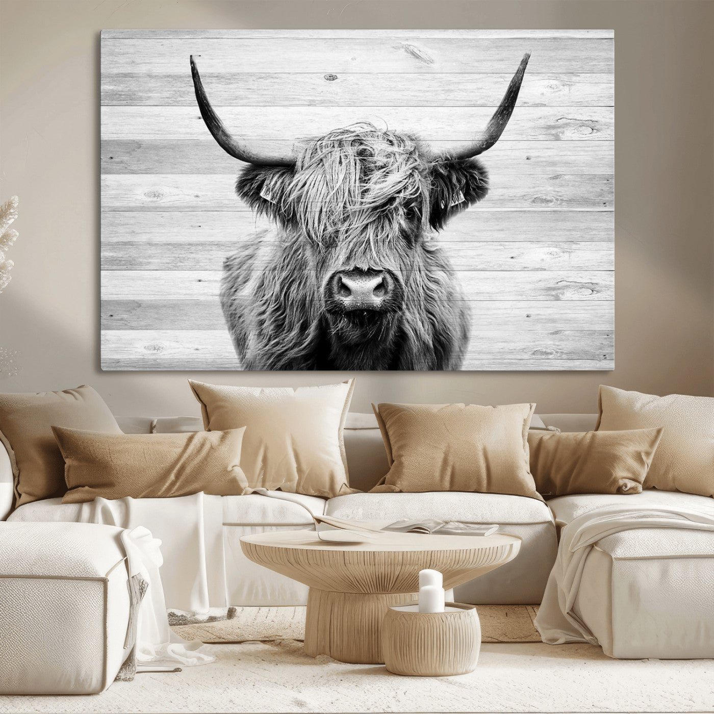 MGV-CV-36X24 - Scottish Highland Cow Cattle Art Print on Wood Background Style