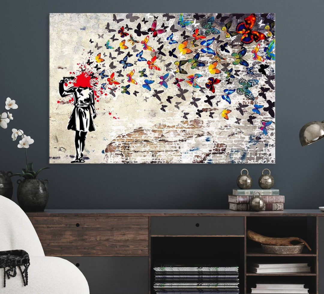 Banksy Art Butterfly Girl Explosion: Vibrant urban graffiti canvas for modern interiors, ready to hang.