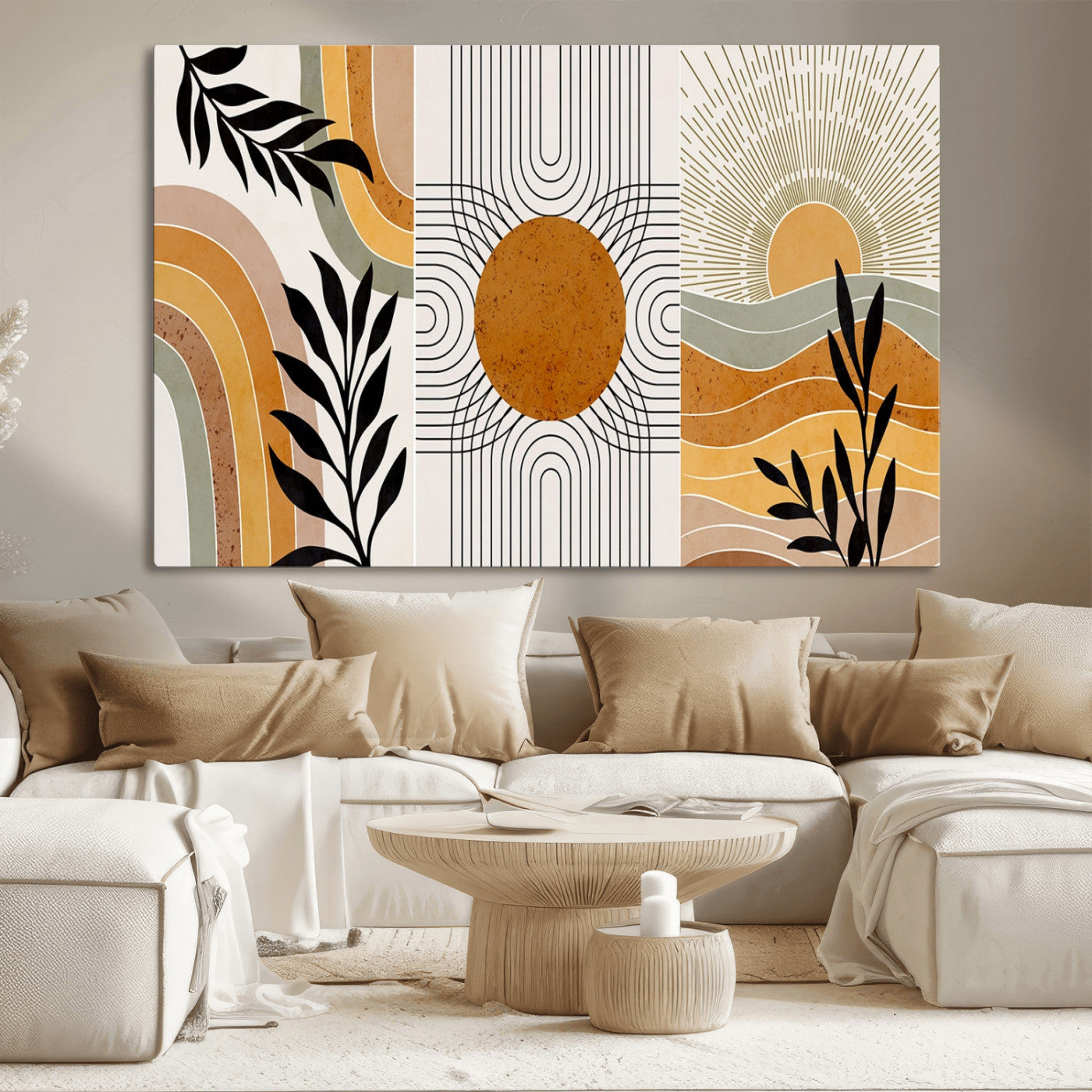 MGV-CV-36X24 - Modern Boho Sun and Leaf Abstract Art – 3-Panel Giclée Canvas for Mid-Century Modern or Bohemian Wall Decor