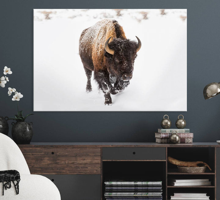 Bison Winter Wall Art Canvas Print for farmhouse decor.