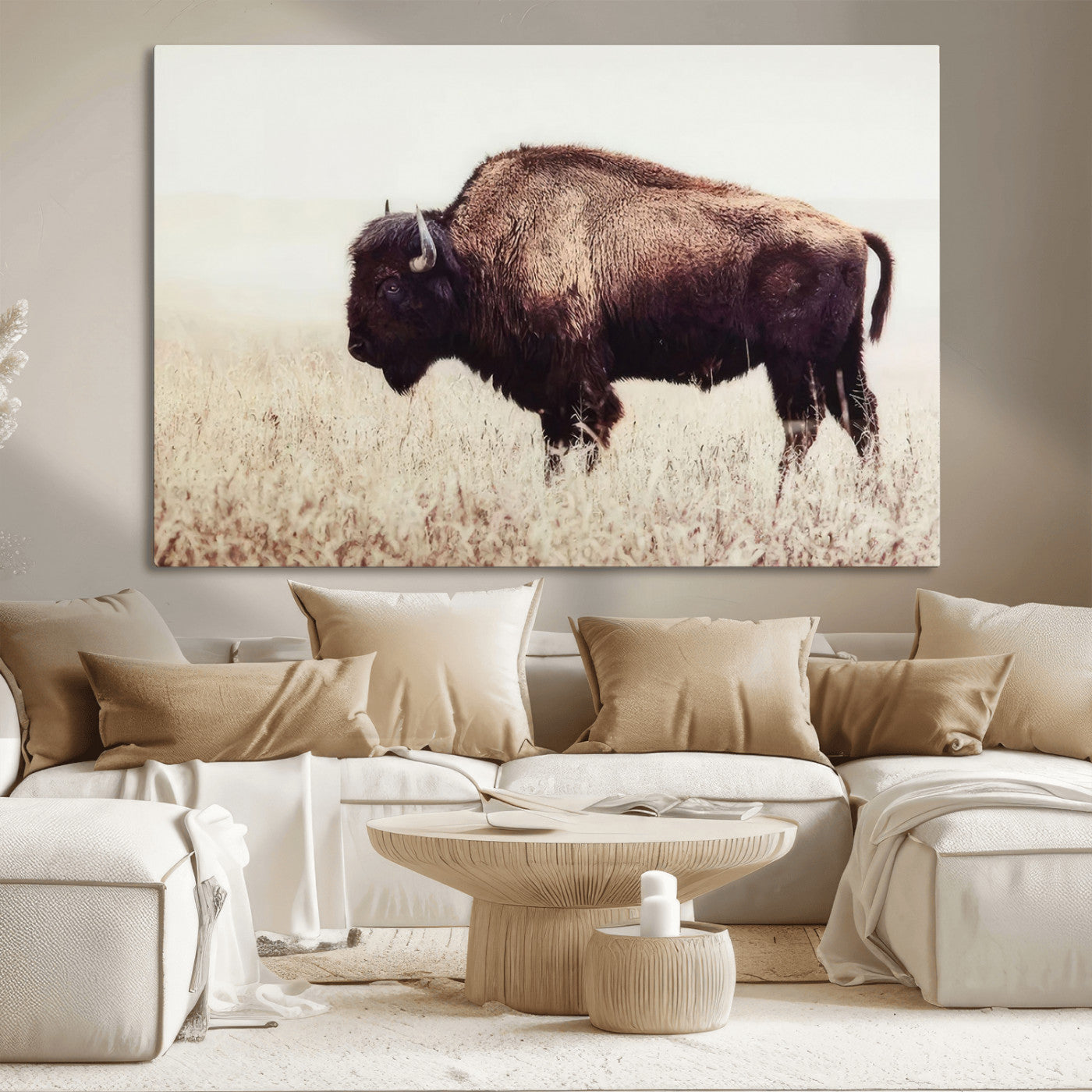 MGV-CV-36X24 - Bison in Field Wall Art Canvas Print For Farmhouse Barn Decor