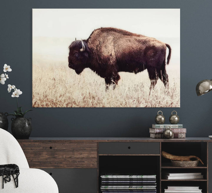 The dining room showcases the Bison in Field canvas print.