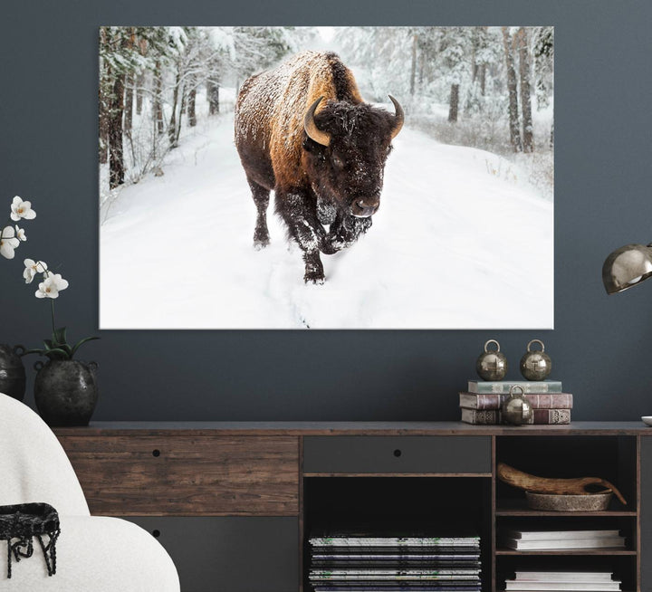 The dining area showcases the Bison Wall Art Canvas Print for Farmhouse.