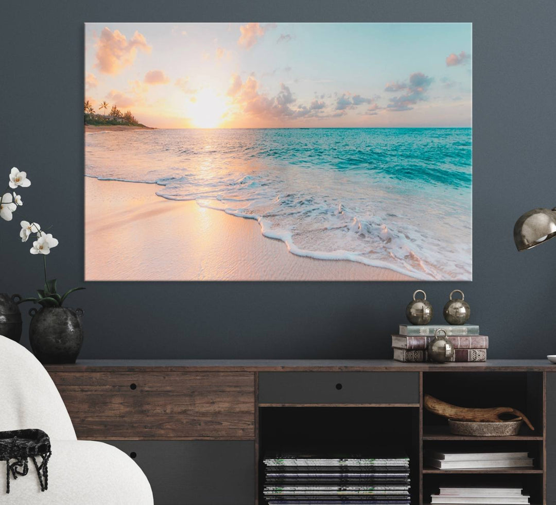 The kitchen features the Beach Sunrise Wall Art, Coastal Sunset Beach Scene.