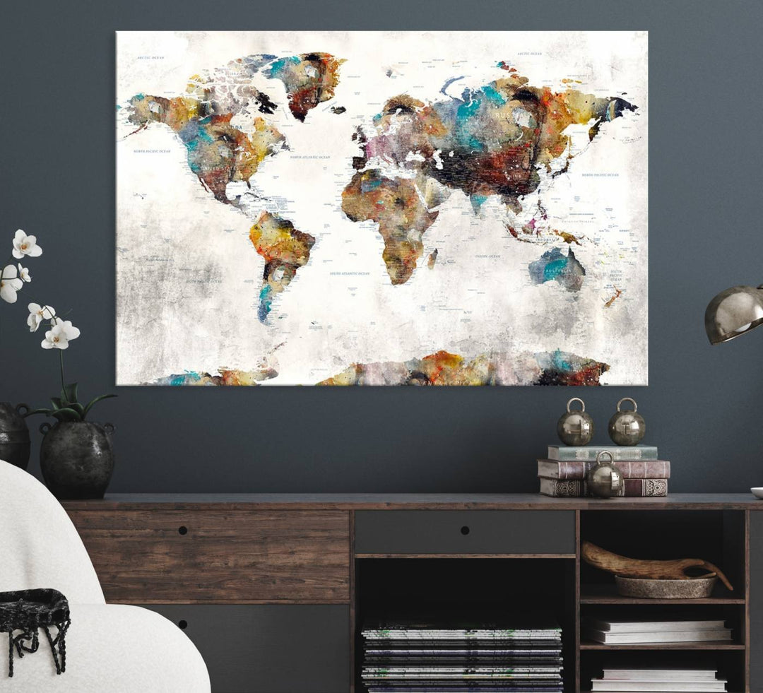 The Colorful World Map Wall Art Canvas Print adds vibrance to the space, ideal for geography lovers.