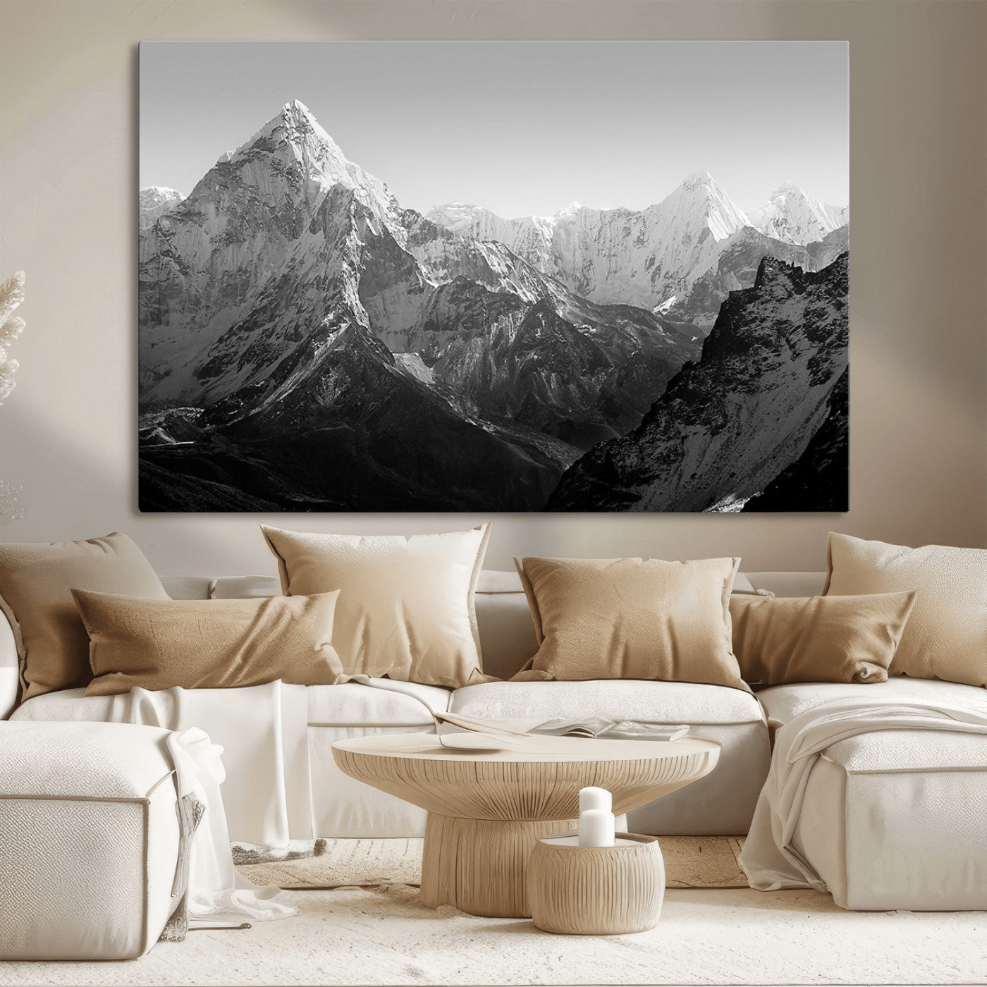 MGV-CV-36X24 - Everest Himalaya Mountain Peaks Black & White Triptych Canvas Art – Mountain Wall Decor for Minimalist Interiors