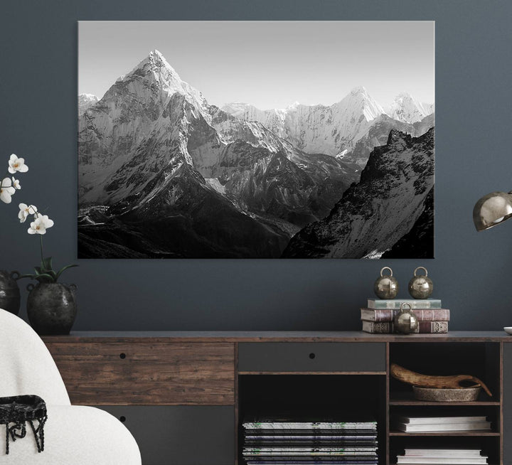 Everest Himalaya Mountain Peaks Black & White Triptych Canvas Art – Mountain Wall Decor for Minimalist Interiors