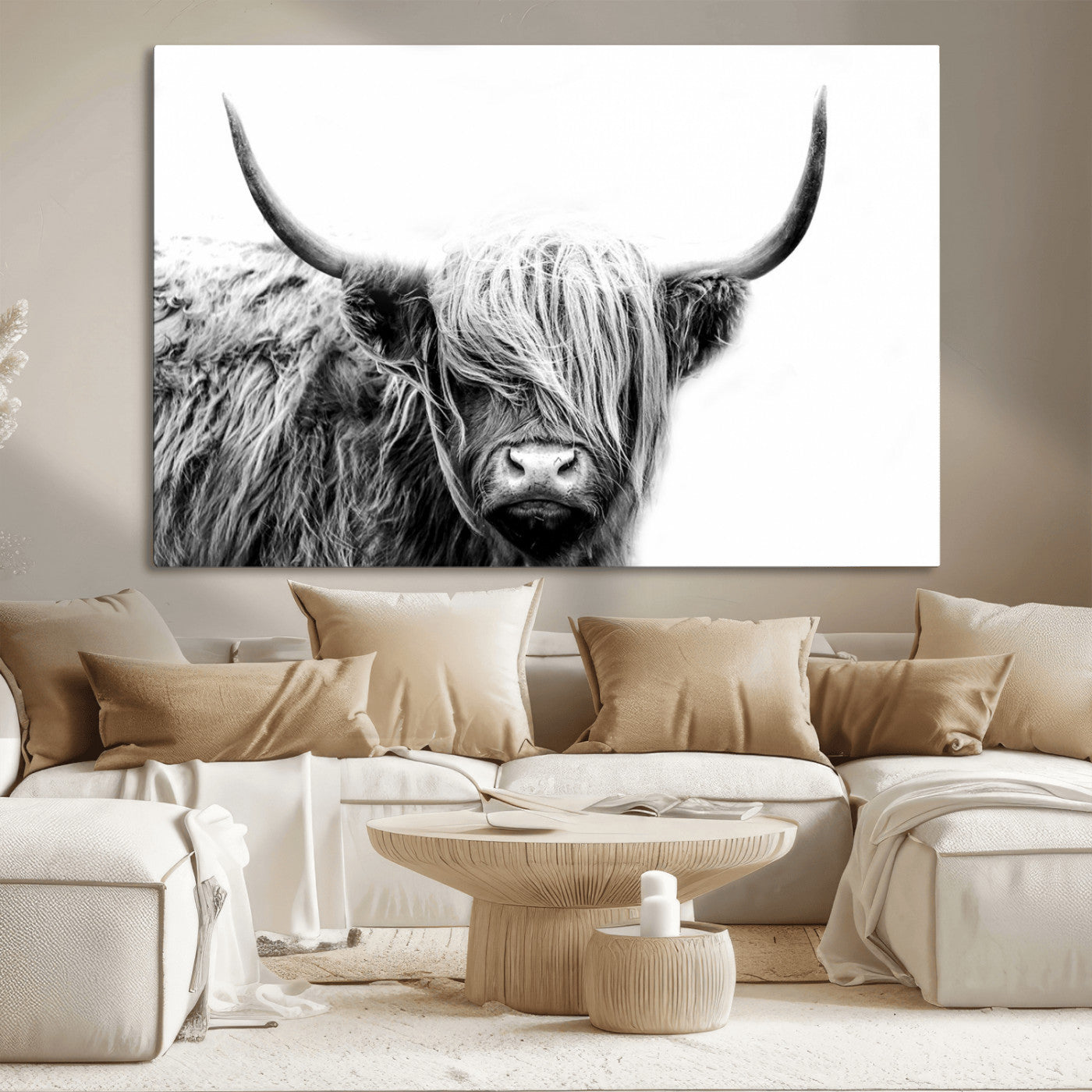 MGV-CV-36X24 - Black White Scottish Highland Cow Cattle Art Print Farmhouse Wall Art Canvas Print
