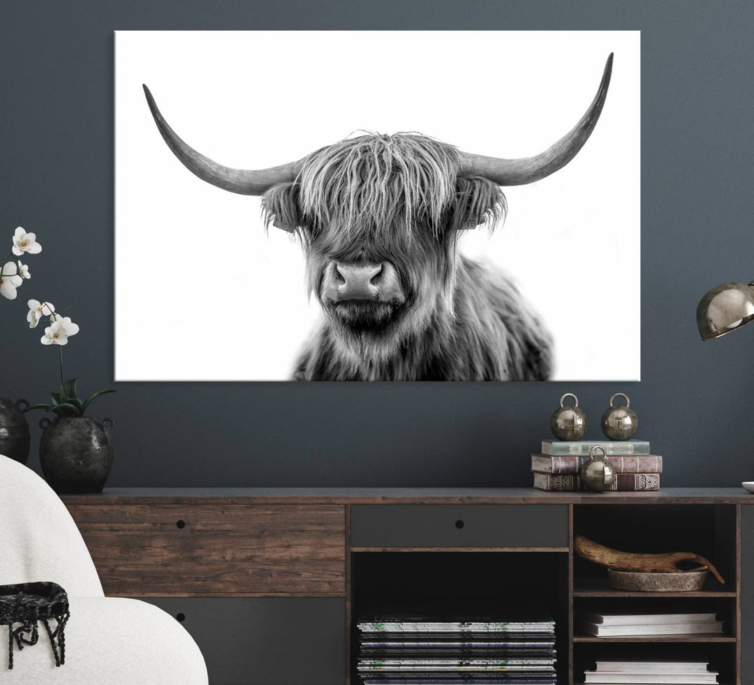 The Grayscale Scottish Highland Cow canvas is a museum-quality piece perfect for your dining room. Enjoy free shipping on this stunning artwork!.