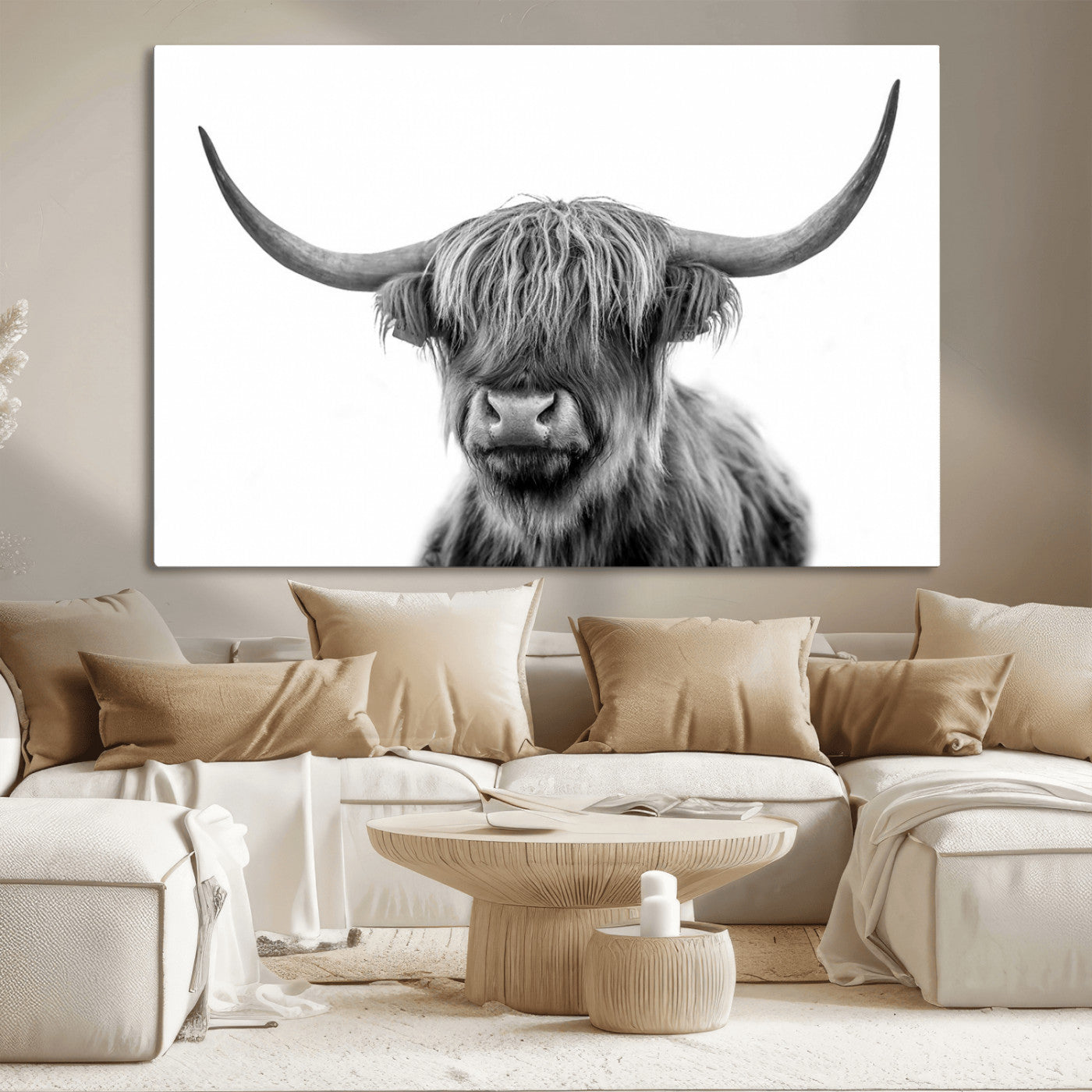 MGV-CV-36X24 - Grayscale Scottish Highland Cow Cattle Art Print Farmhouse Wall Art Canvas Print
