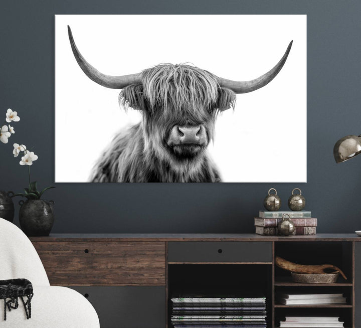 A Scottish Highland Cow Art Canvas adds charm to the farmhouse decor.